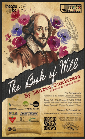 The poster for the show The Book of Will, with a painting of Will Shakespeare surrounded by flowers and a quill.